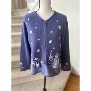 Vintage 90s Croft Borrow Ramie Angora Wool Purple Snowman Zip Cardigan